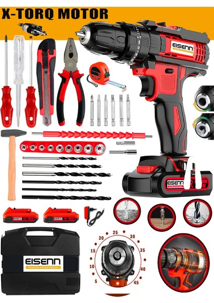Strax E-14394 Metal Şanzıman 2 Akülü 37 Pcs Set Hediyeli Akülü Vidalama Matkap 45 Torq Kademeli