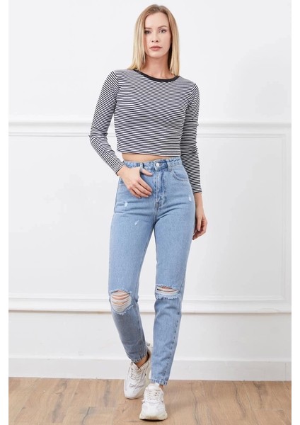 Yüksek Bel Yırtmaçlı Mom Jean Pantolon