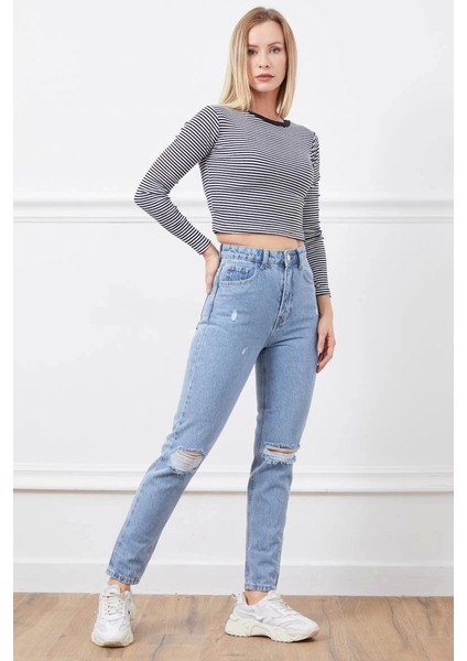 Yüksek Bel Yırtmaçlı Mom Jean Pantolon