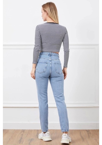 Yüksek Bel Yırtmaçlı Mom Jean Pantolon