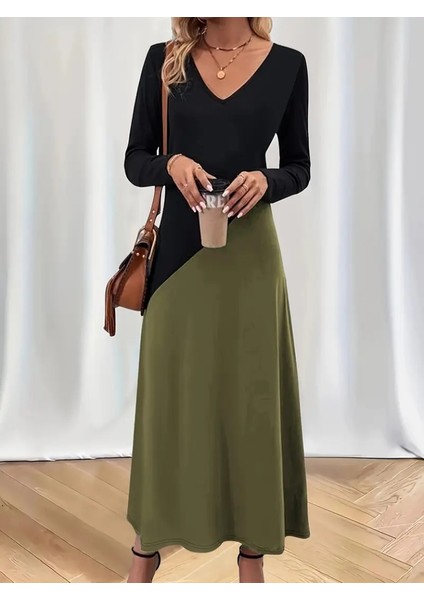 Kadın Uzun Kollu V Yakalı Blok Desenli Viskon Elbise indirimleri