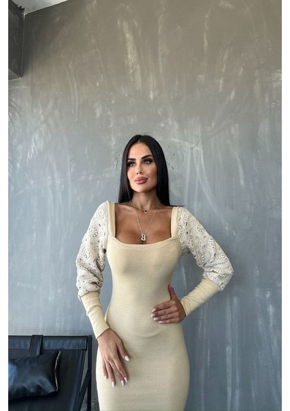 Kadın Kare Yaka Kolları Manşet ve Tül Detay Fırsat Ürün Midi Boy Elbise