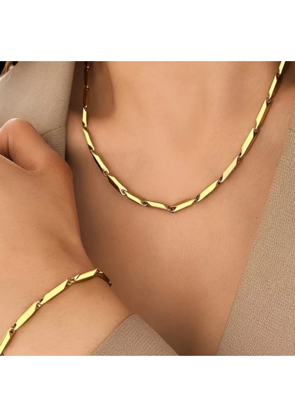 Çelik Takı Seti Bileklik Kolye Titanyum Melon Düz Model 3 mm Kalınlık 22-55 cm Uzunluk Altın Sarısı Gold