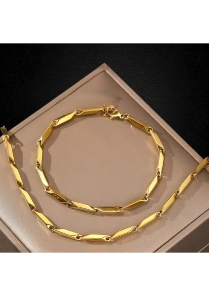 Çelik Takı Seti Bileklik Kolye Titanyum Melon Düz Model 3 mm Kalınlık 22-55 cm Uzunluk Altın Sarısı Gold