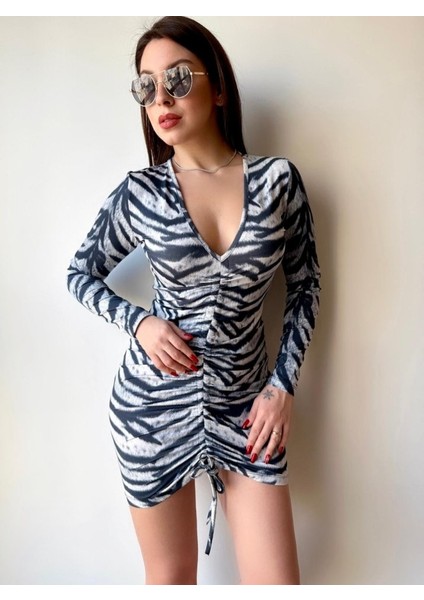 Kadın V Yaka Önü Asansör Büzgü Detay Fırsat Ürün Zebra Mini Elbise