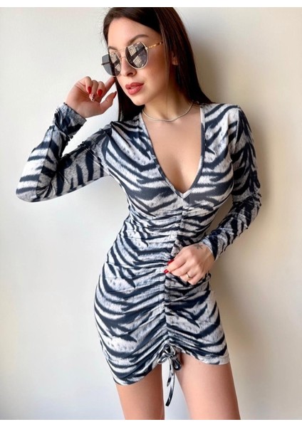 Kadın V Yaka Önü Asansör Büzgü Detay Fırsat Ürün Zebra Mini Elbise