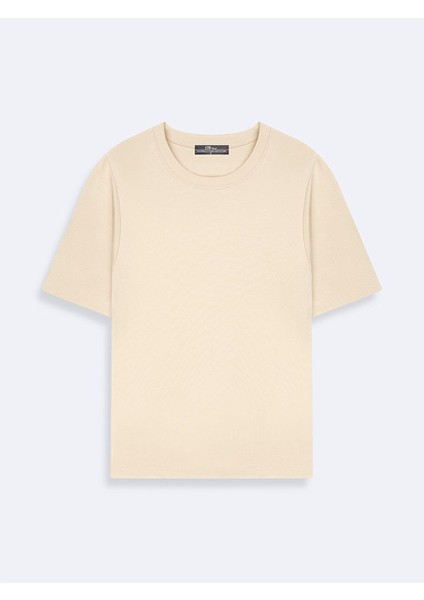 Kadın Sıfır Yaka Basıc Crop Bej T-shırt