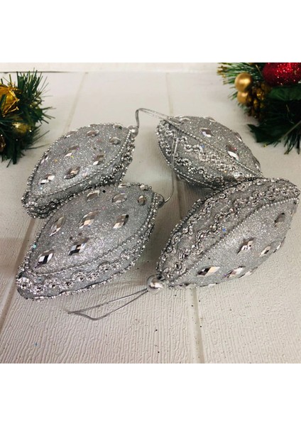 - 4 Adet Luxury Seri Cici Top Ağaç Süsü Gümüş Oval Bstmy