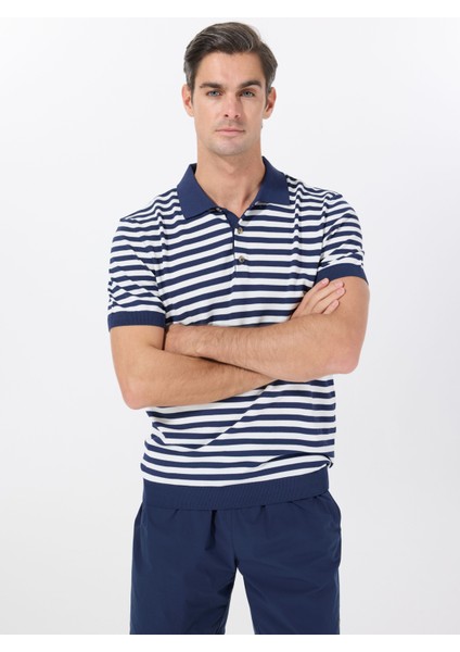Polo Yaka Basic Çizgili Lacivert Erkek Kazak F5SM-KZK 2939