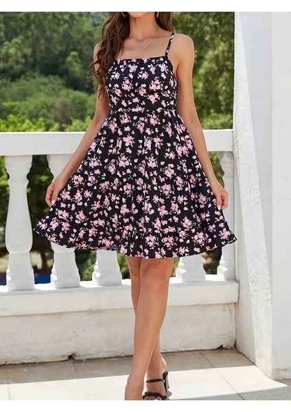 Kadın Askılı Çiçek Desenli Süprem Mini Elbise indirimleri