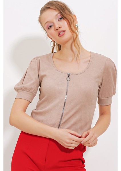 Bisküvi Fermuarlı Örme Bluz 4316 fiyatları