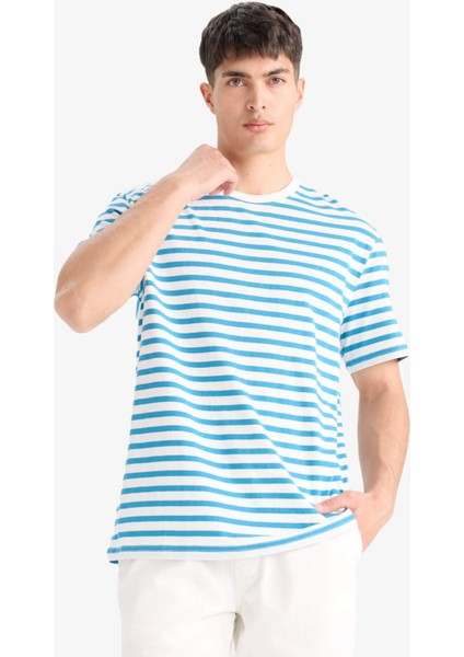 %100 Pamuk Regular Fit Bisiklet Yaka Kısa Kollu Pamuklu Çizgili Tişört E2637AX25SM fırsatları