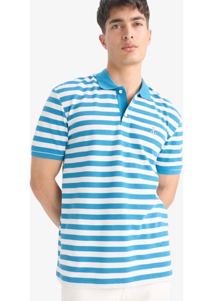 %100 Pamuk Regular Fit Polo Yaka Kısa Kollu Çizgili Nakışlı Pike Tişört E2631AX25SM