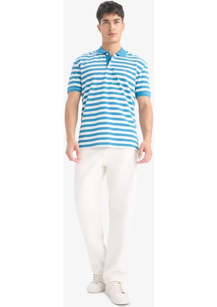 %100 Pamuk Regular Fit Polo Yaka Kısa Kollu Çizgili Nakışlı Pike Tişört E2631AX25SM fiyatları