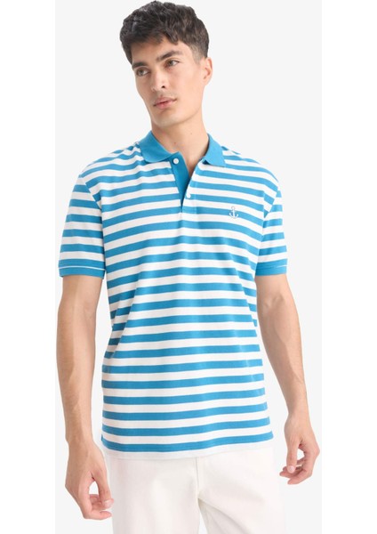 %100 Pamuk Regular Fit Polo Yaka Kısa Kollu Çizgili Nakışlı Pike Tişört E2631AX25SM modelleri