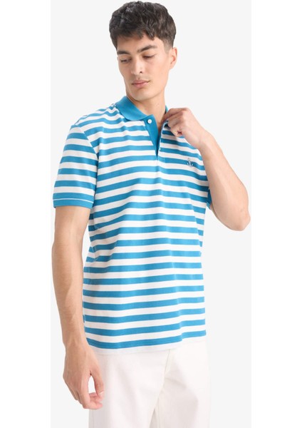 %100 Pamuk Regular Fit Polo Yaka Kısa Kollu Çizgili Nakışlı Pike Tişört E2631AX25SM fırsatları