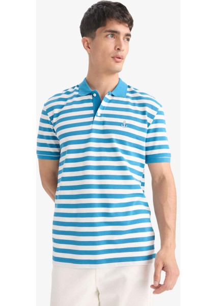 %100 Pamuk Regular Fit Polo Yaka Kısa Kollu Çizgili Nakışlı Pike Tişört E2631AX25SM indirimleri