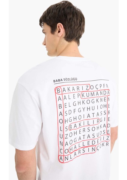 %100 Pamuk Boxy Fit Bisiklet Yaka Sırt Baskılı Kısa Kollu Tişört F4752AX25HS