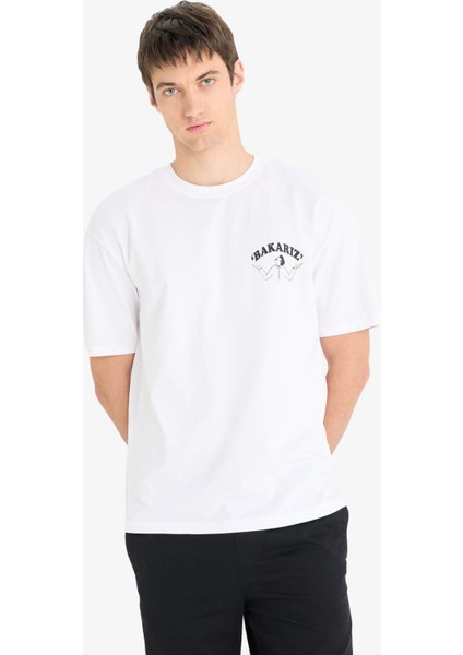 %100 Pamuk Boxy Fit Bisiklet Yaka Sırt Baskılı Kısa Kollu Tişört F4752AX25HS fırsatları