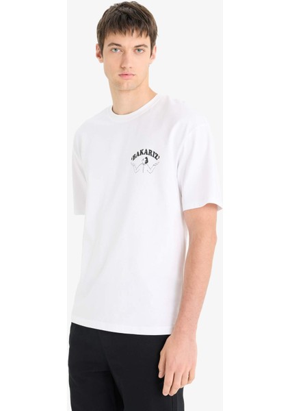 %100 Pamuk Boxy Fit Bisiklet Yaka Sırt Baskılı Kısa Kollu Tişört F4752AX25HS indirimleri