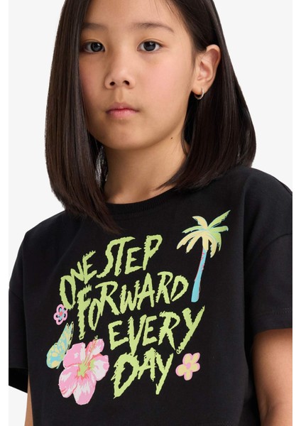 Kız Çocuk Crop Bisiklet Yaka Baskılı Kısa Kollu Tişört E0388A825SM