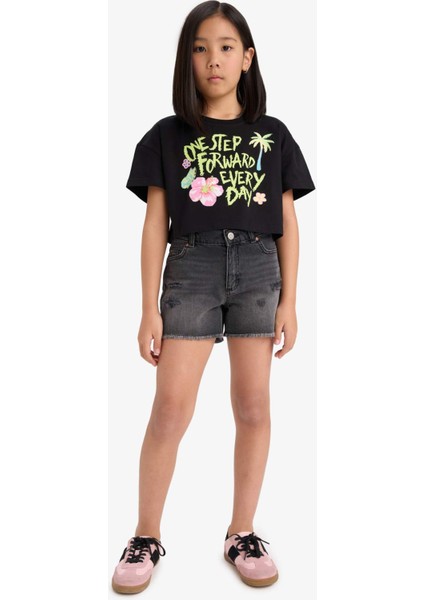 Kız Çocuk Crop Bisiklet Yaka Baskılı Kısa Kollu Tişört E0388A825SM fiyatları