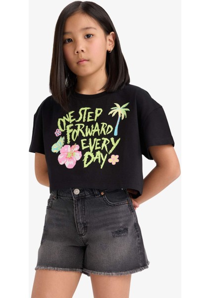 Kız Çocuk Crop Bisiklet Yaka Baskılı Kısa Kollu Tişört E0388A825SM modelleri