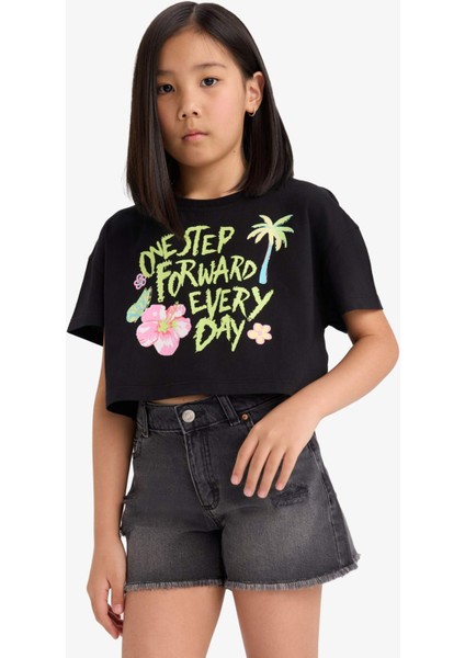 Kız Çocuk Crop Bisiklet Yaka Baskılı Kısa Kollu Tişört E0388A825SM fırsatları