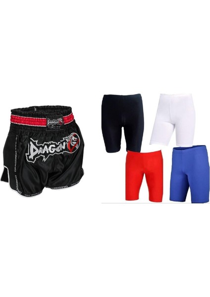 Dragon Muaythai Retro Şort ve Beyaz Kısa Sporcu Taytı Muay Thai 2 Li Set