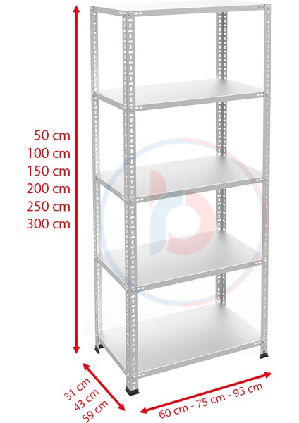 5 Katlı Galvaniz Çelik Raf - Depo, Arşiv, Kiler, Dosya, Market Rafı - 31x60 cm-200 cm-0.70 mm