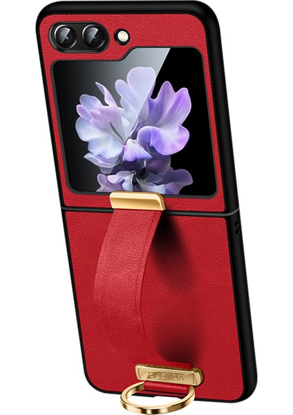 Samsung Galaxy Z Flip5 5g Pu Deri + Pc Bileklik Kickstand Koruyucu Kapak (Yurt Dışından)