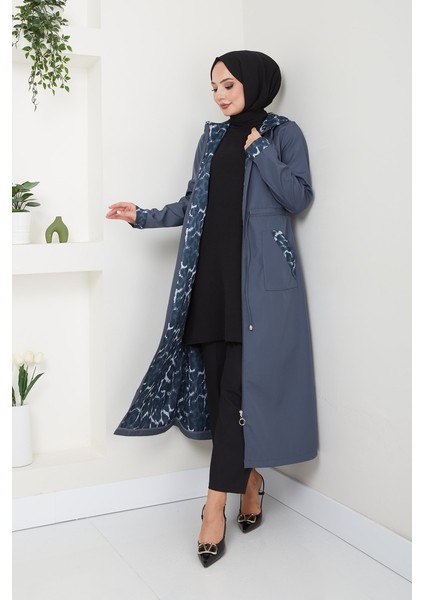 Kadın Giyim Abiye Moda Leopar Desenli Kapşonlu Bondit Kap 2659