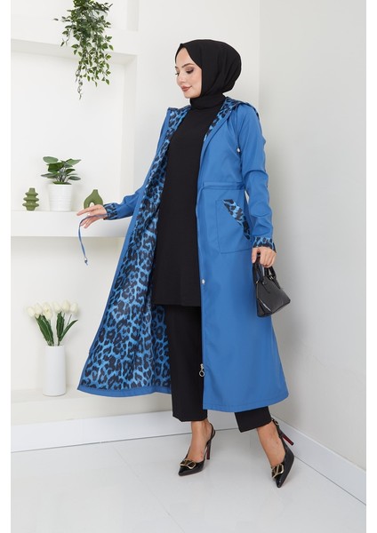Kadın Giyim Abiye Moda Leopar Desenli Kapşonlu Bondit Kap 2659
