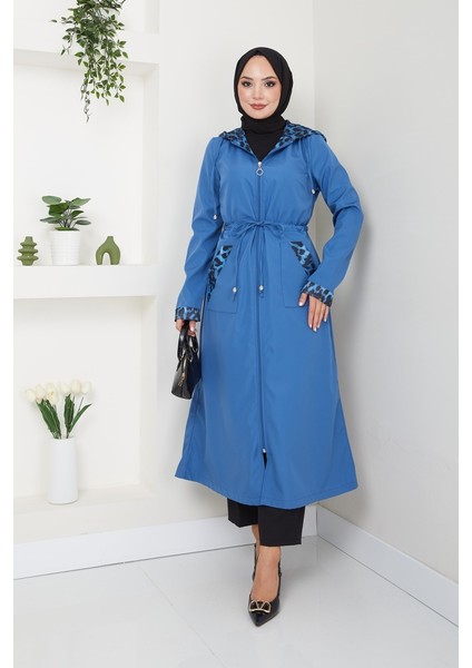 Kadın Giyim Abiye Moda Leopar Desenli Kapşonlu Bondit Kap 2659