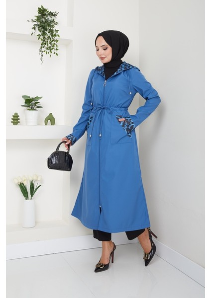 Kadın Giyim Abiye Moda Leopar Desenli Kapşonlu Bondit Kap 2659
