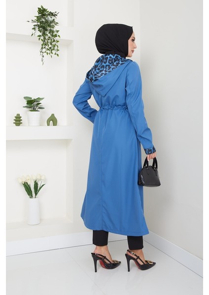 Kadın Giyim Abiye Moda Leopar Desenli Kapşonlu Bondit Kap 2659