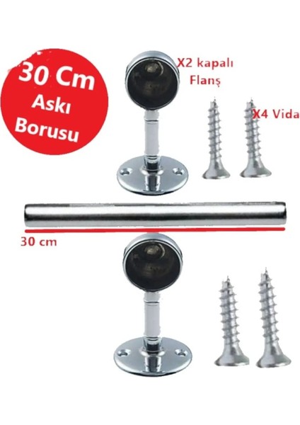 Dolap İçi 30 cm Yuvarlak Elbise Askı Borusu, Tavan Askı Aparatı, Vidaları ve Askı Flanşları ile Birlikte