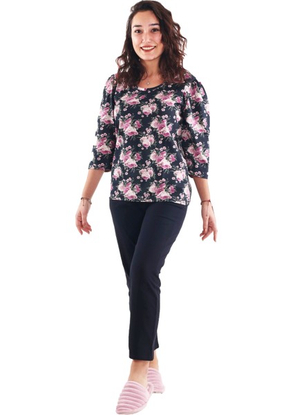 Kadın Çiçek Desenli Antrasit Renk Pijama Üstü (Büyük Beden Seçeneğiyle) fiyatları