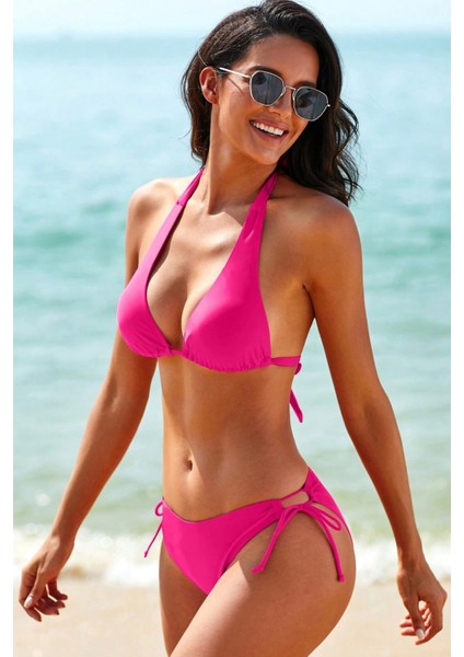 - Kadın Fuşya Belden, Boyundan Bağlamalı ve Ayarlanabilir Külotlu Üçgen Bikini Mayo Takımı modelleri