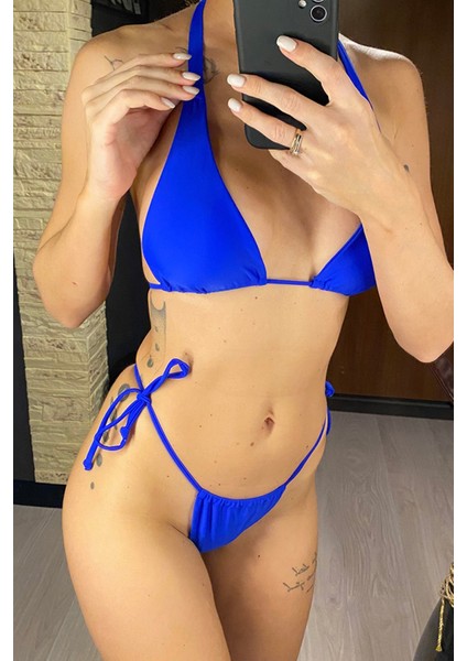 Kadın Mavi Yandan Bağlamalı Tangalı Üçgen Bikini Mayo Takımı