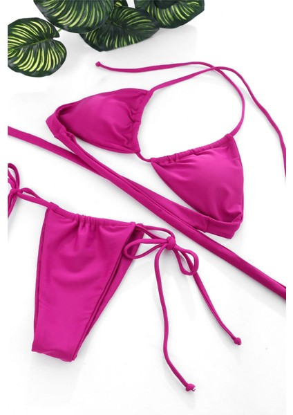 Kadın Fuşya Yandan Bağlamalı Tangalı Üçgen Bikini Mayo Takımı
