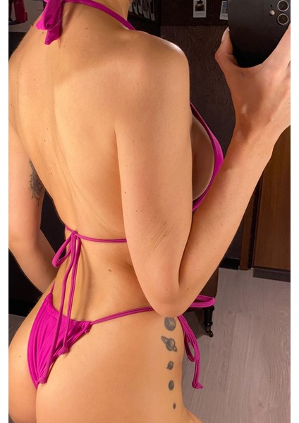 Kadın Fuşya Yandan Bağlamalı Tangalı Üçgen Bikini Mayo Takımı