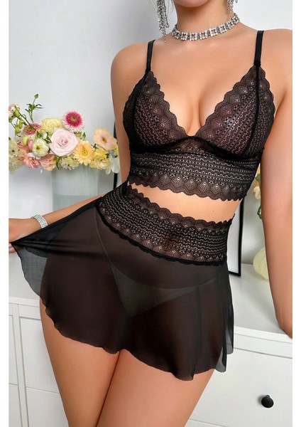 Kadın Siyah Dantel ve Tül Detaylı Etekli Şık Gecelik Takımı fırsatları