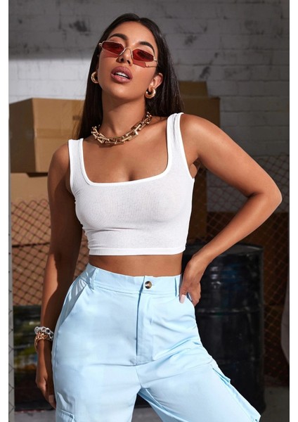 Kadın Beyaz Kalın Askılı Crop Top Büstiyer