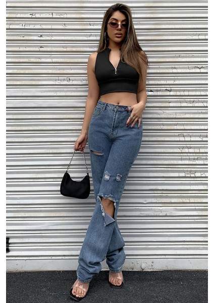 Kadın Siyah Yarım Fermuarlı Sıfır Kol Crop Top Bluz fırsatları
