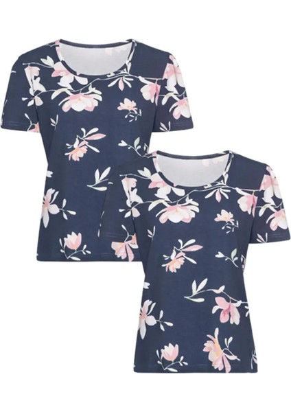 Kadın Çiçek Desenli Mavi Renk Pijama Üstü 2'li Paket (Büyük Beden Seçeneğiyle)