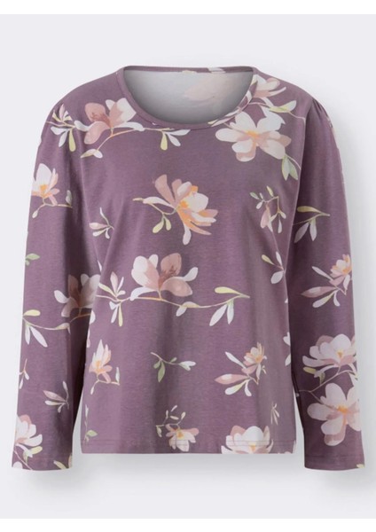 Kadın Çiçek Desenli Lila Renk Pijama Üstü (Büyük Beden Seçeneğiyle) modelleri