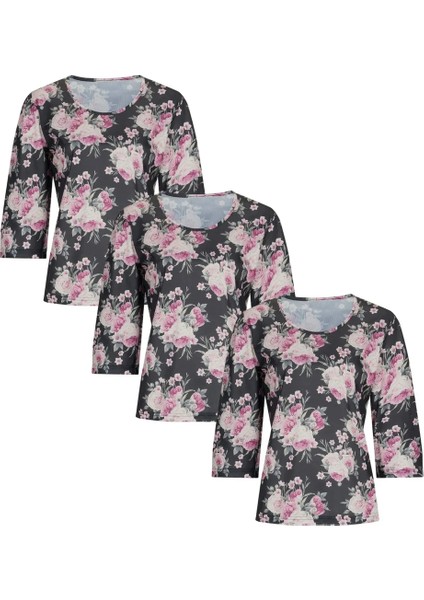 Kadın Çiçek Desenli Antrasit Renk Pijama Üstü 3'li Paket (Büyük Beden Seçeneğiyle)