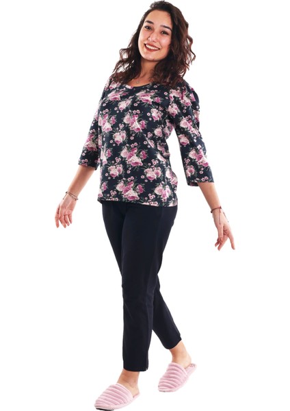 Kadın Çiçek Desenli Antrasit Renk Pijama Üstü 3'li Paket (Büyük Beden Seçeneğiyle) modelleri