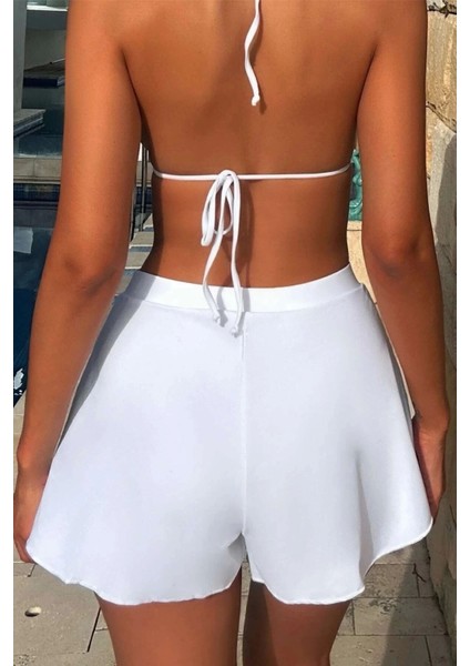 - Kadın Beyaz Yırtmaçlı Etek Görünümlü Şık Deniz Şortu